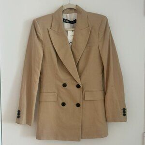 NWT ZARA Linen Blend Double Breasted Blazer - Sand / S